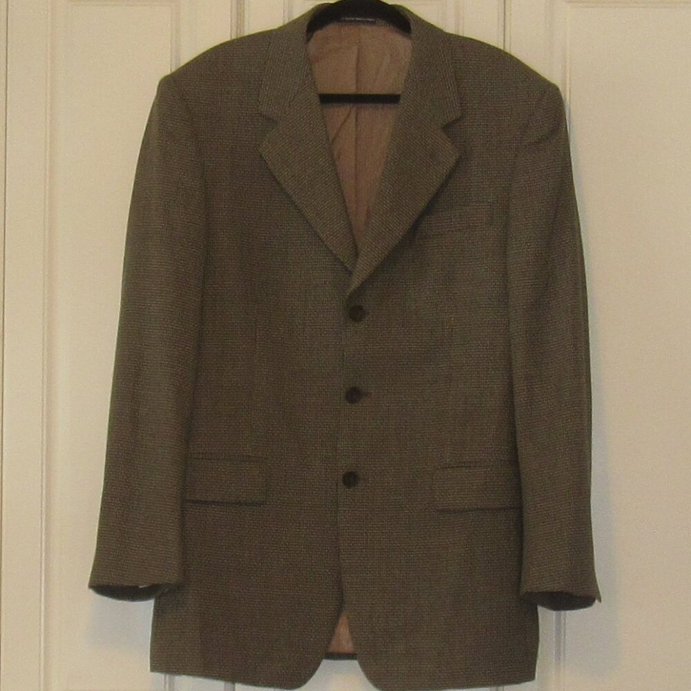 Vintage Bill Blass Taupe Herringbone Men's Blazer, Size 40 Tall, EUC P322